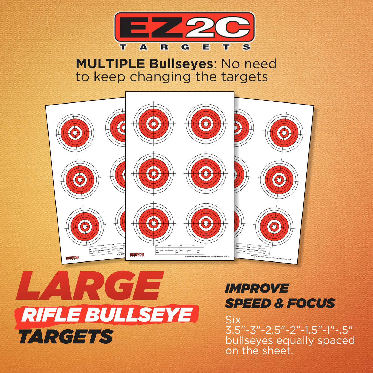 EZ2C Targets #24: Six Bullseye 11"x17" Shooting Paper Target USA MADE