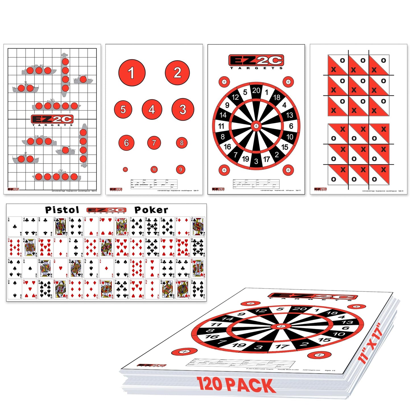 120 EZ2C Targets: 5 Game Style Paper Targets Bundle Pack Fun Games 11"x17" USA Made